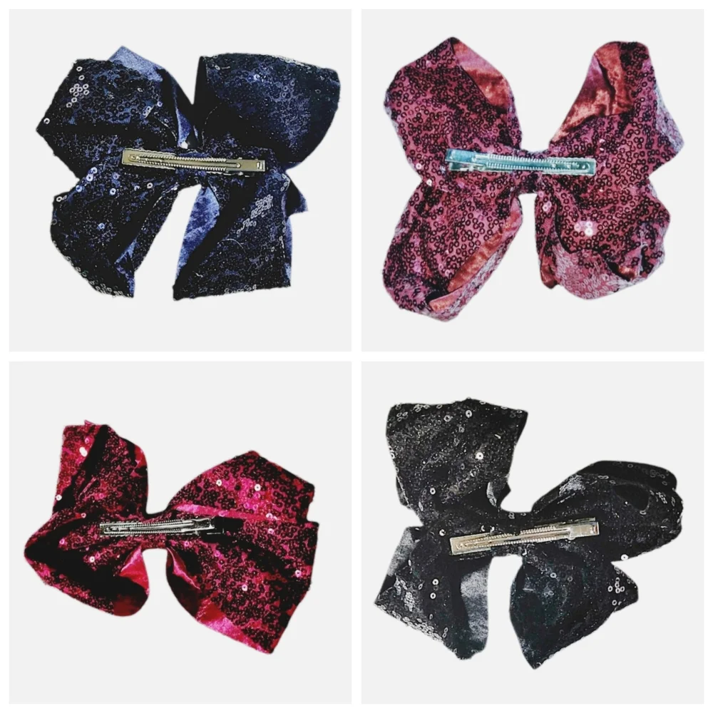 Sequin Hair Bow Barrette – Navy Fuchsia Red Black – 7